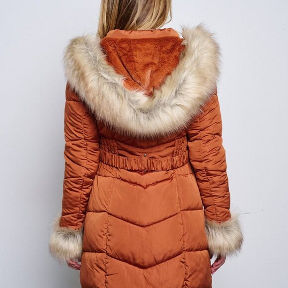 Puffer Hooded Sherpa Coat Rust Burnt Orange - Picture 6 of 10